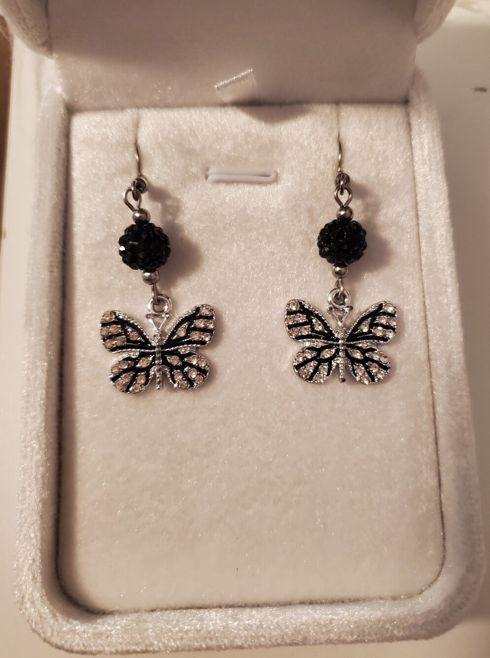 Butterfly Dangle Earrings with Black Bead And Rhinestone Accents